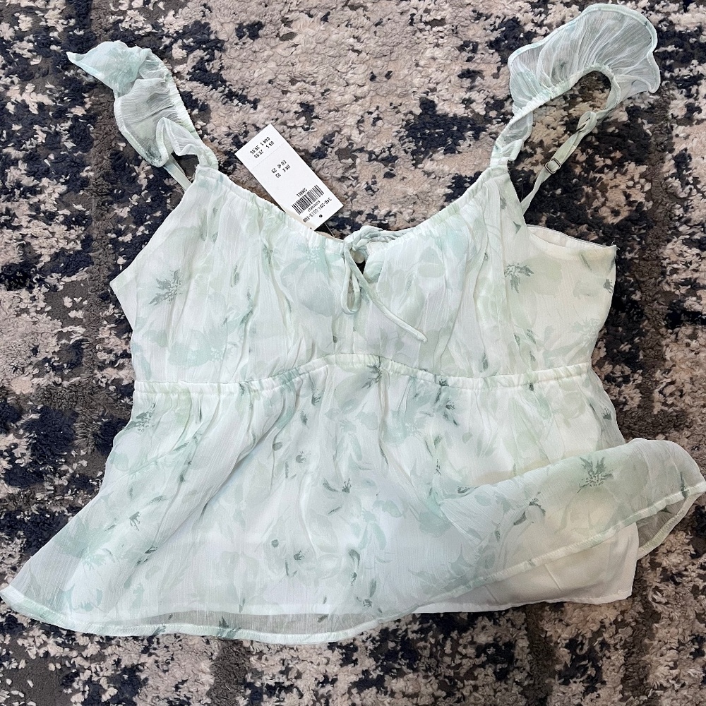 Hollister spring top with front and back tie, white and light green floral print